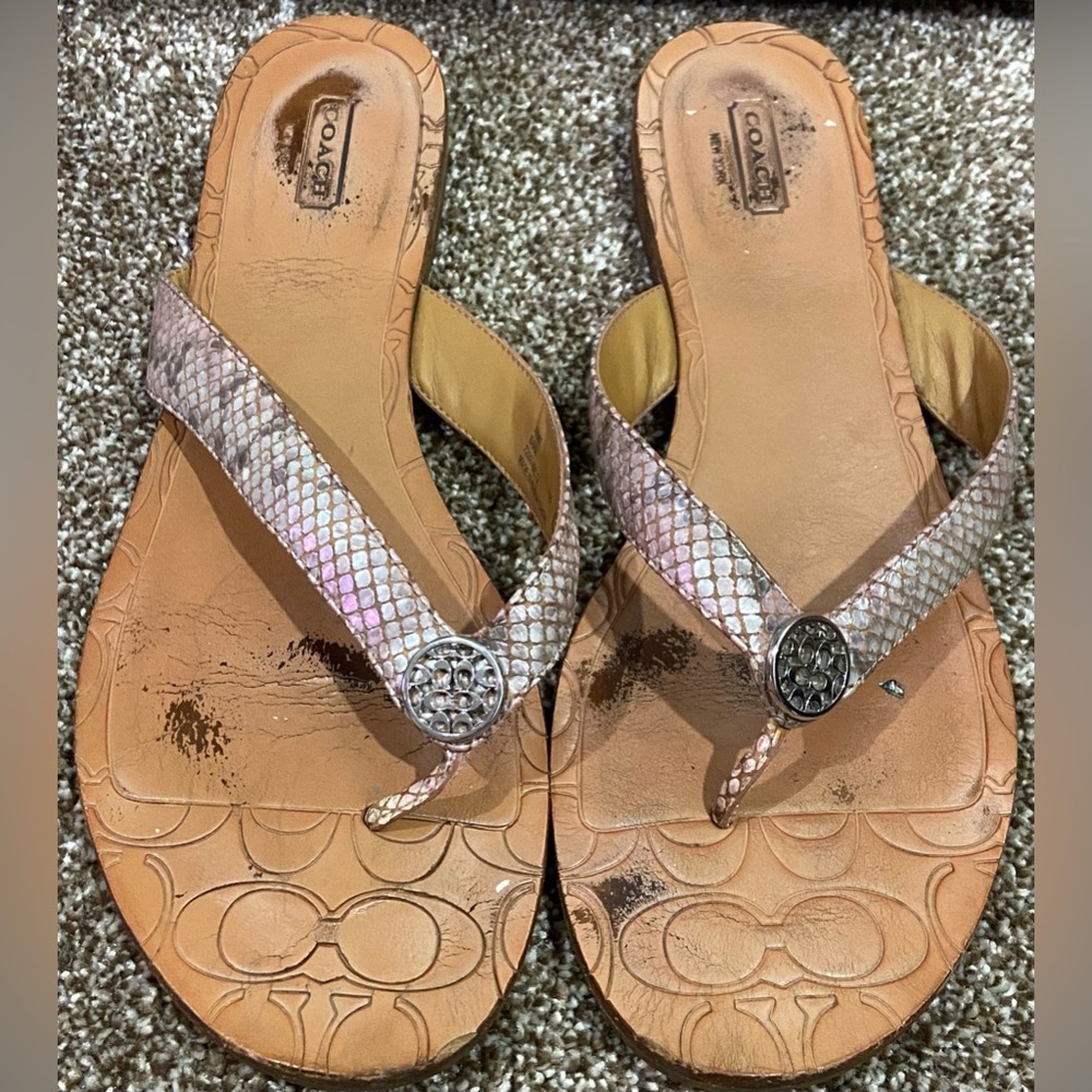 Coach Leather Sara Sandals Pink/Gray Snake Print Flip Flops Women's Size 10B